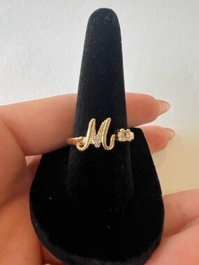 14k Gold Plated Adjustable Initial 'M' Ring with Cubic Zirconia Accent